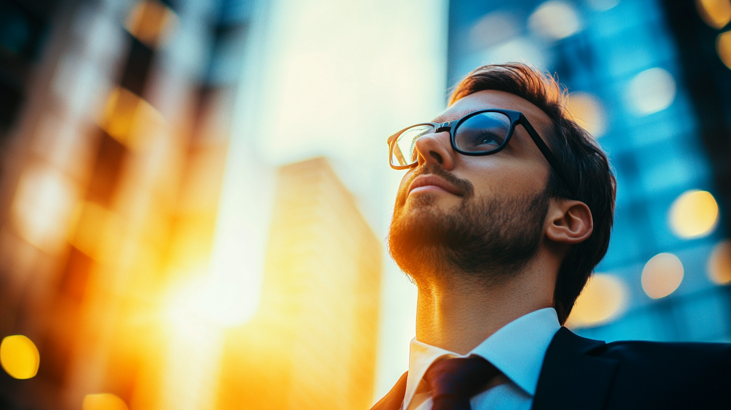 A young businessman in a suit and glasses gazes upward with an inspired expression, standing against a cityscape illuminated by warm golden light, symbolizing ambition, vision, and success. A young businessman in a suit and glasses gazes upward with an inspired expression, standing against a cityscape illuminated by warm golden light, symbolizing ambition, vision, and success.