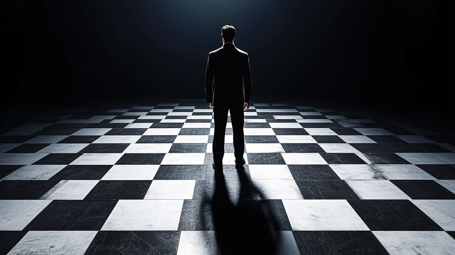 A businessman stands at the edge of a giant black-and-white checkered floor, his back facing the viewer, as he contemplates his next move in a dimly lit, strategic setting. A businessman stands at the edge of a giant black-and-white checkered floor, his back facing the viewer, as he contemplates his next move in a dimly lit, strategic setting.