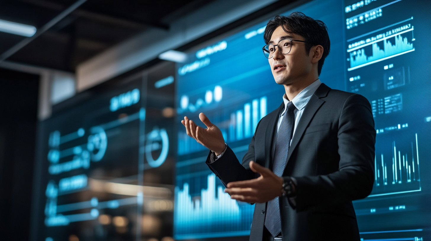 A confident business professional in a suit and glasses giving a presentation in front of a digital screen displaying financial data and analytics. A confident business professional in a suit and glasses giving a presentation in front of a digital screen displaying financial data and analytics.
