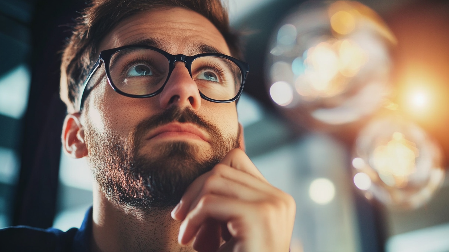 A thoughtful young man in glasses gazes upward, lost in deep contemplation. The warm glow of nearby lights reflects the spark of innovation and creativity in his mind. This image captures the essence of critical thinking, decision-making, and the pursuit of groundbreaking ideas. A thoughtful young man in glasses gazes upward, lost in deep contemplation. The warm glow of nearby lights reflects the spark of innovation and creativity in his mind. This image captures the essence of critical thinking, decision-making, and the pursuit of groundbreaking ideas.