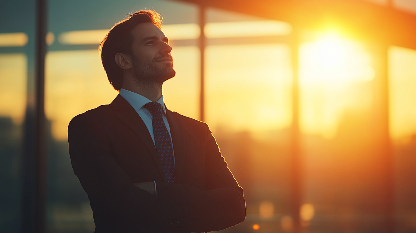A confident businessman stands tall against the warm glow of a setting sun, exuding success and determination. The golden light symbolizes new beginnings and endless possibilities, reflecting his vision for the future. This image captures the essence of leadership, ambition, and unwavering confidence in the path ahead. A confident businessman stands tall against the warm glow of a setting sun, exuding success and determination. The golden light symbolizes new beginnings and endless possibilities, reflecting his vision for the future. This image captures the essence of leadership, ambition, and unwavering confidence in the path ahead.