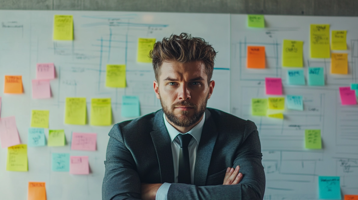 A determined businessman stands confidently in front of a strategic planning board filled with colorful sticky notes, symbolizing a well-organized vision and decisive action. His intense focus and professional demeanor reflect commitment to executing ideas with precision and confidence. This image embodies leadership, strategic thinking, and the power of turning plans into reality. A determined businessman stands confidently in front of a strategic planning board filled with colorful sticky notes, symbolizing a well-organized vision and decisive action. His intense focus and professional demeanor reflect commitment to executing ideas with precision and confidence. This image embodies leadership, strategic thinking, and the power of turning plans into reality.