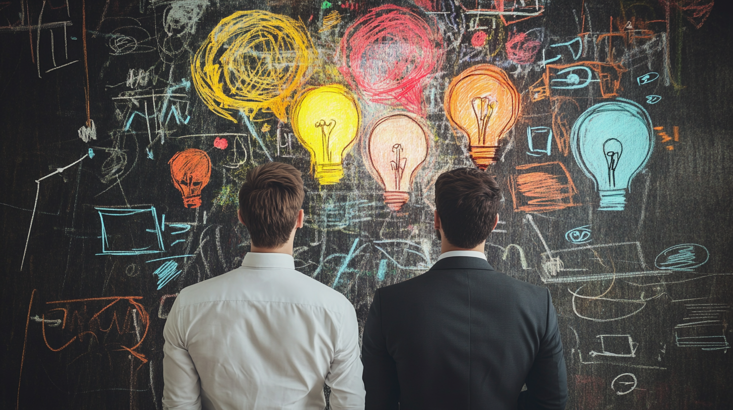 Two businessmen in formal attire stand in front of a chalkboard filled with colorful sketches, diagrams, and light bulb illustrations, symbolizing creative thinking, innovation, and brainstorming in business strategy. Two businessmen in formal attire stand in front of a chalkboard filled with colorful sketches, diagrams, and light bulb illustrations, symbolizing creative thinking, innovation, and brainstorming in business strategy.