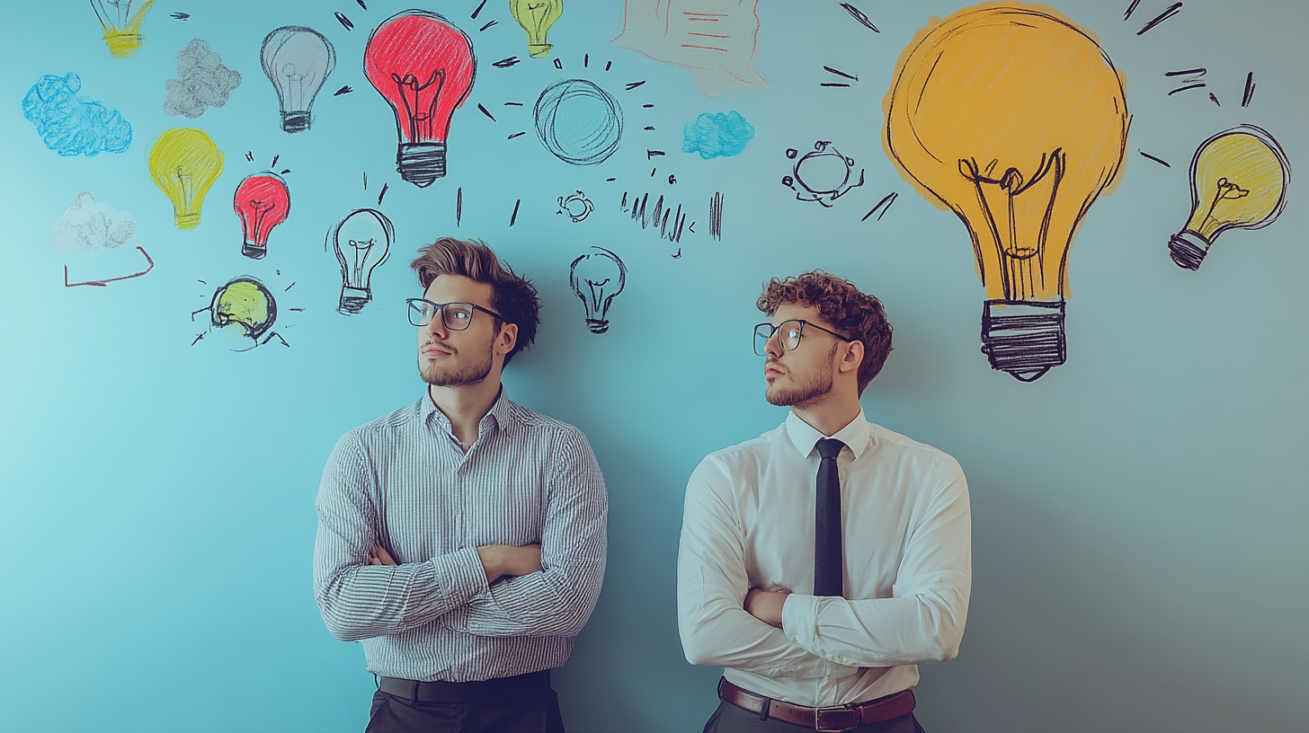 Two young businessmen wearing glasses and formal attire stand against a blue wall decorated with colorful hand-drawn light bulbs, symbolizing creativity, innovation, and brainstorming in business strategy. Two young businessmen wearing glasses and formal attire stand against a blue wall decorated with colorful hand-drawn light bulbs, symbolizing creativity, innovation, and brainstorming in business strategy.