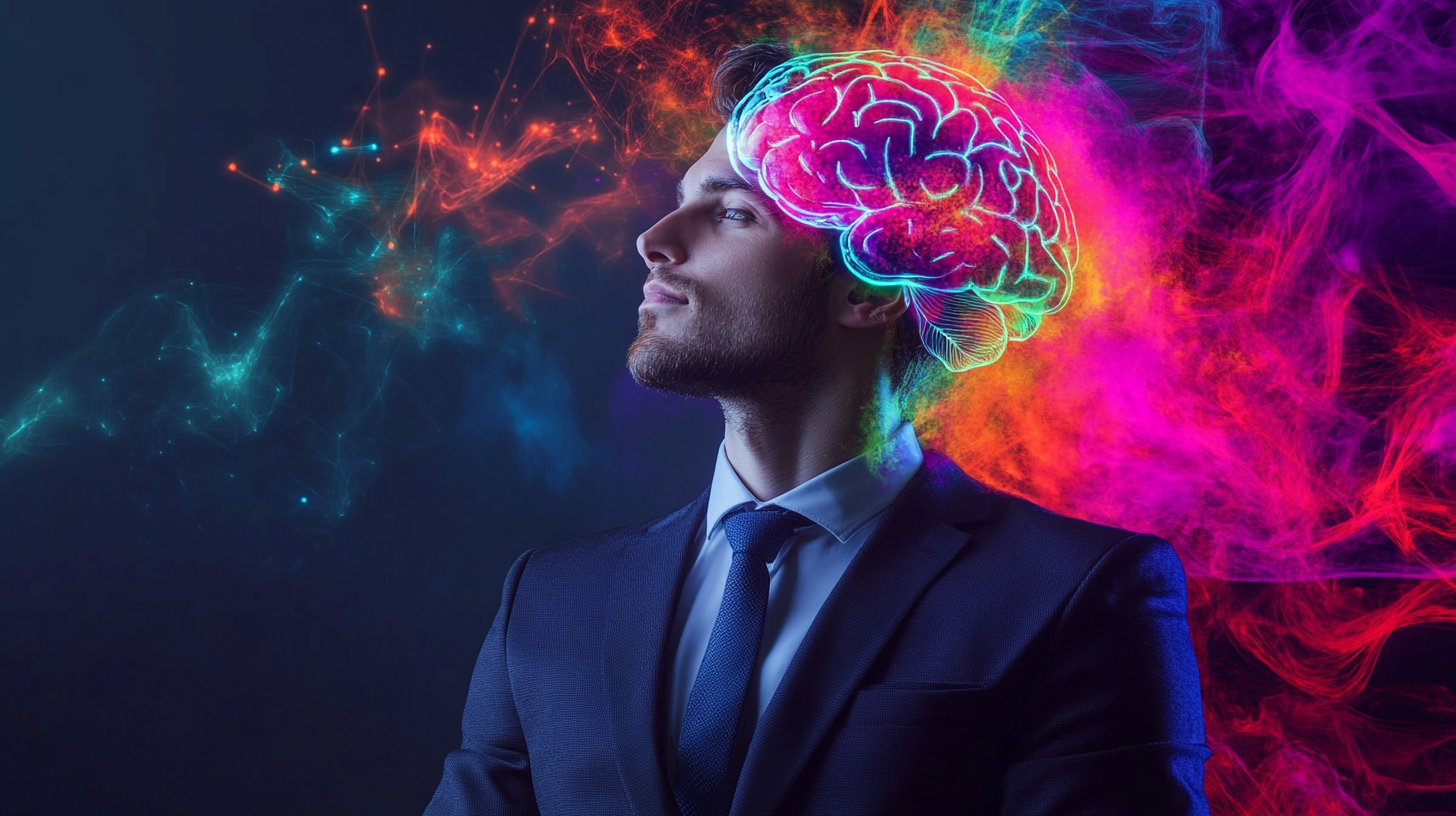 Confident businessman in suit with illuminated brain illustration symbolizing creativity, innovation, and mental clarity for business success Confident businessman in suit with illuminated brain illustration symbolizing creativity, innovation, and mental clarity for business success