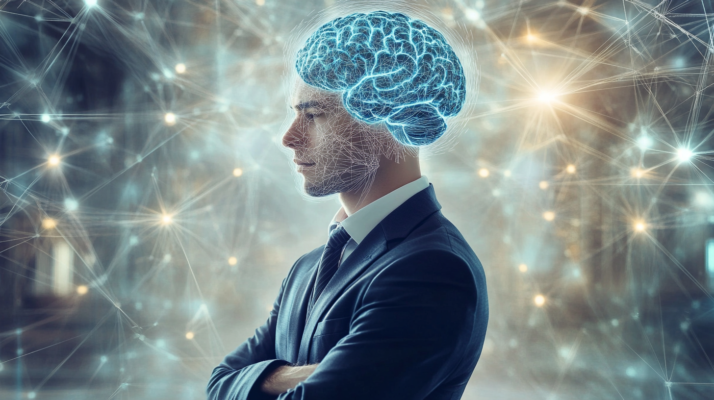 Focused businessman in suit with glowing digital brain illustration, symbolizing intelligence, innovation, and futuristic business mindset Focused businessman in suit with glowing digital brain illustration, symbolizing intelligence, innovation, and futuristic business mindset