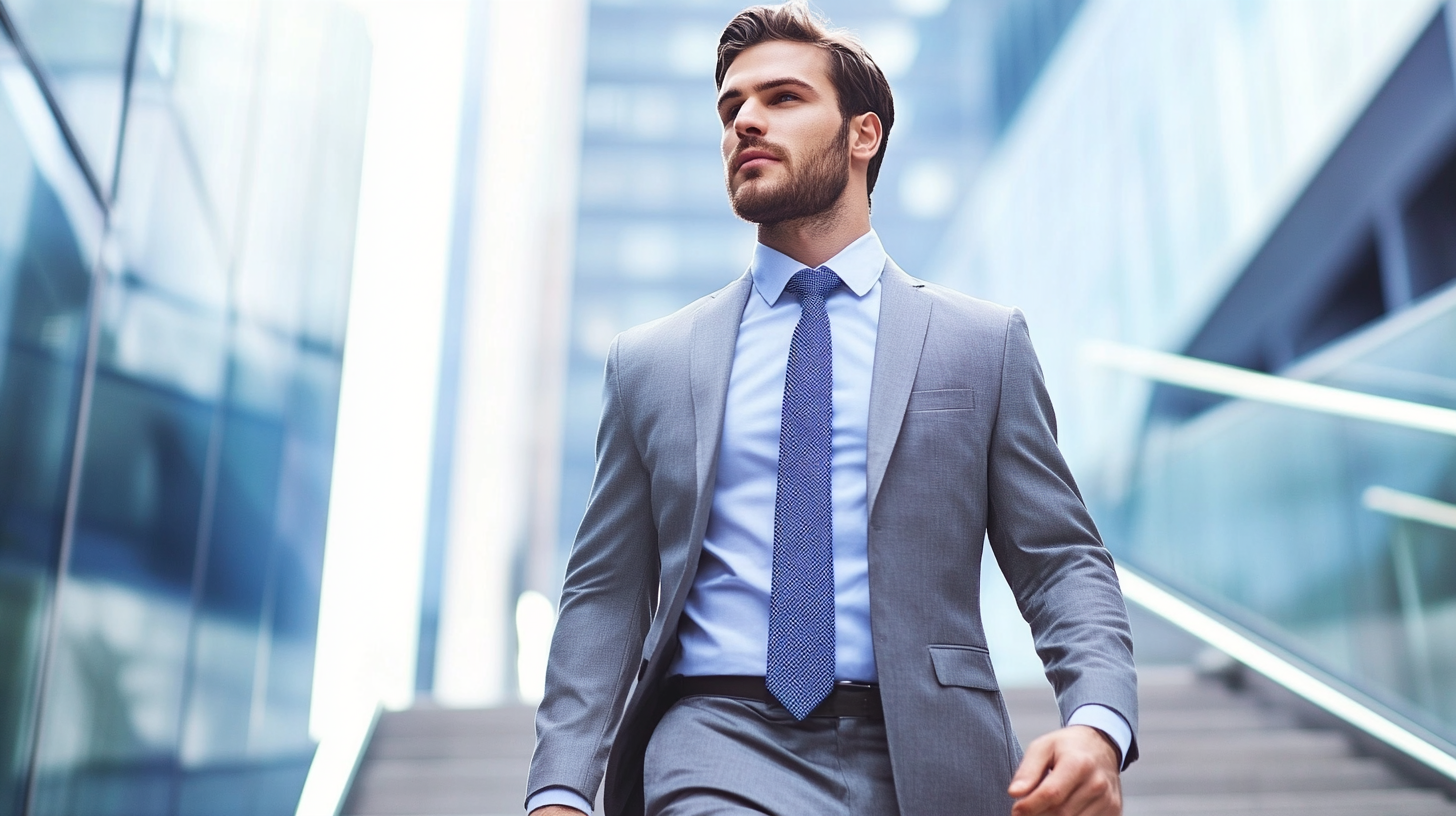 Confident young businessman in a gray suit walking down modern office building steps with a determined expression in a corporate urban setting. Confident young businessman in a gray suit walking down modern office building steps with a determined expression in a corporate urban setting.