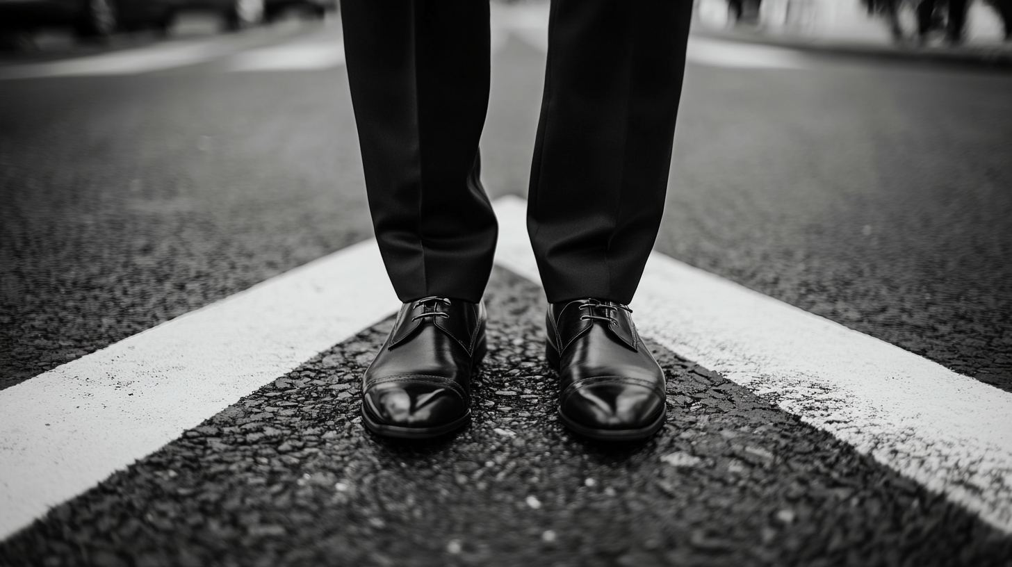 Black and white close-up of a businessman’s polished shoes and tailored pants standing at the intersection of two white road lines, symbolizing a pivotal decision point or career crossroads. Black and white close-up of a businessman’s polished shoes and tailored pants standing at the intersection of two white road lines, symbolizing a pivotal decision point or career crossroads.