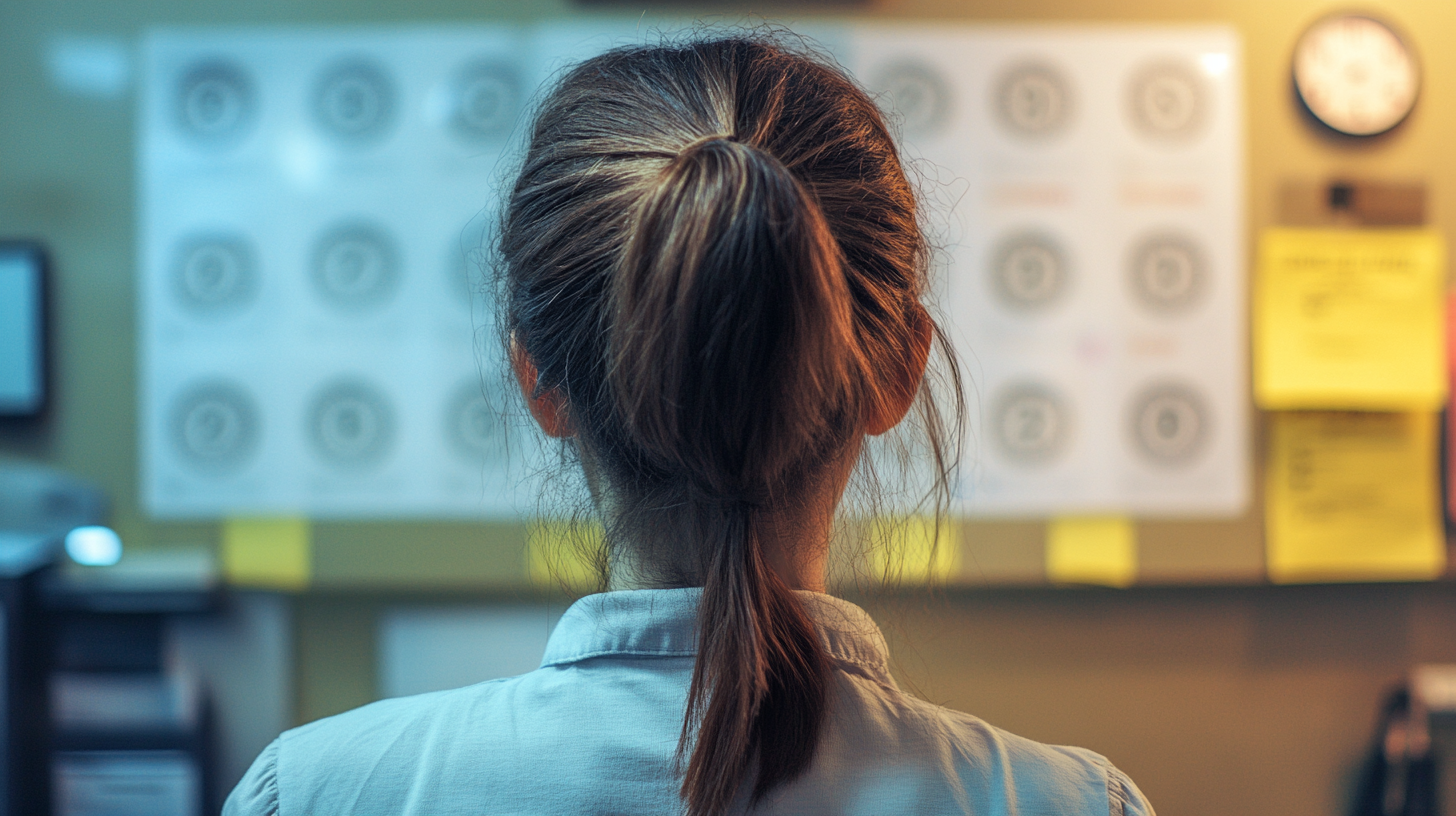 A woman viewed from behind, standing in front of a bulletin board covered with paper schedules and sticky notes in a dimly lit office, representing the stress and complexity of manual scheduling tasks. A woman viewed from behind, standing in front of a bulletin board covered with paper schedules and sticky notes in a dimly lit office, representing the stress and complexity of manual scheduling tasks.