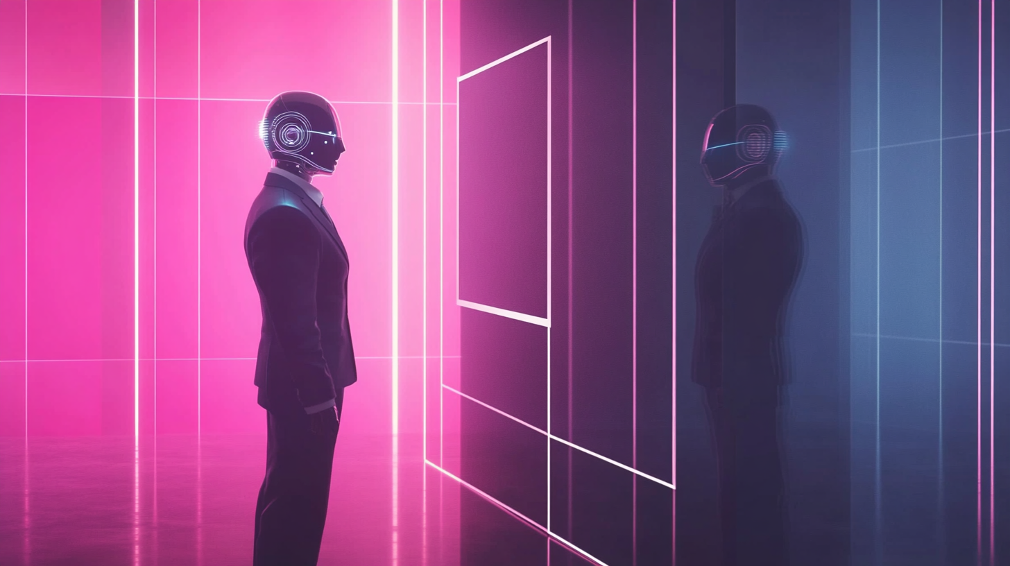 A futuristic robot in a business suit stands in a neon-lit room, facing its digital reflection on a virtual screen, symbolizing the merging of human intelligence and AI technology. A futuristic robot in a business suit stands in a neon-lit room, facing its digital reflection on a virtual screen, symbolizing the merging of human intelligence and AI technology.