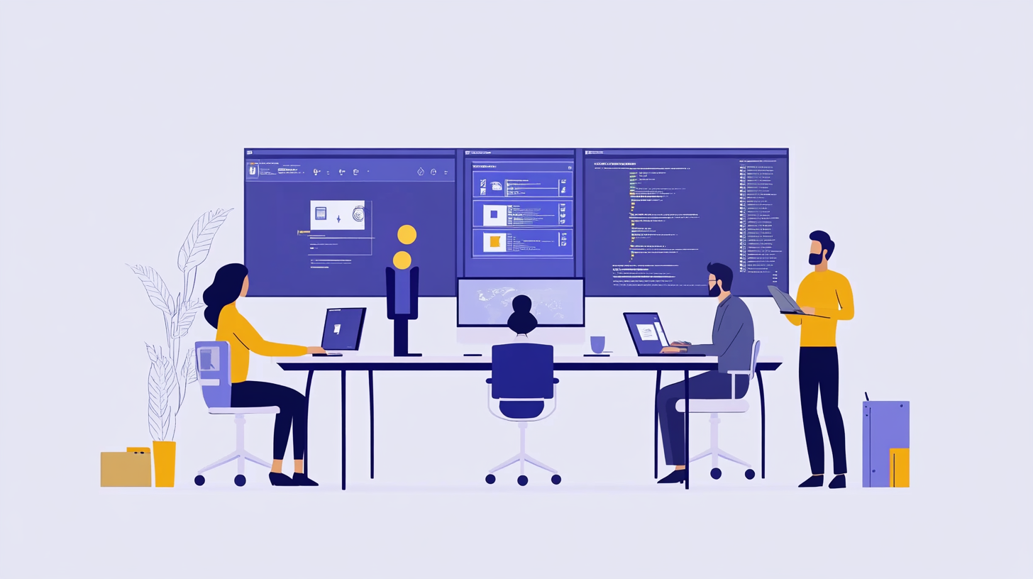 Illustration of a team using an AI project management tool, with people working at desks and large digital screens displaying data, task boards, and code, representing collaborative productivity and automation in a modern workplace. Illustration of a team using an AI project management tool, with people working at desks and large digital screens displaying data, task boards, and code, representing collaborative productivity and automation in a modern workplace.