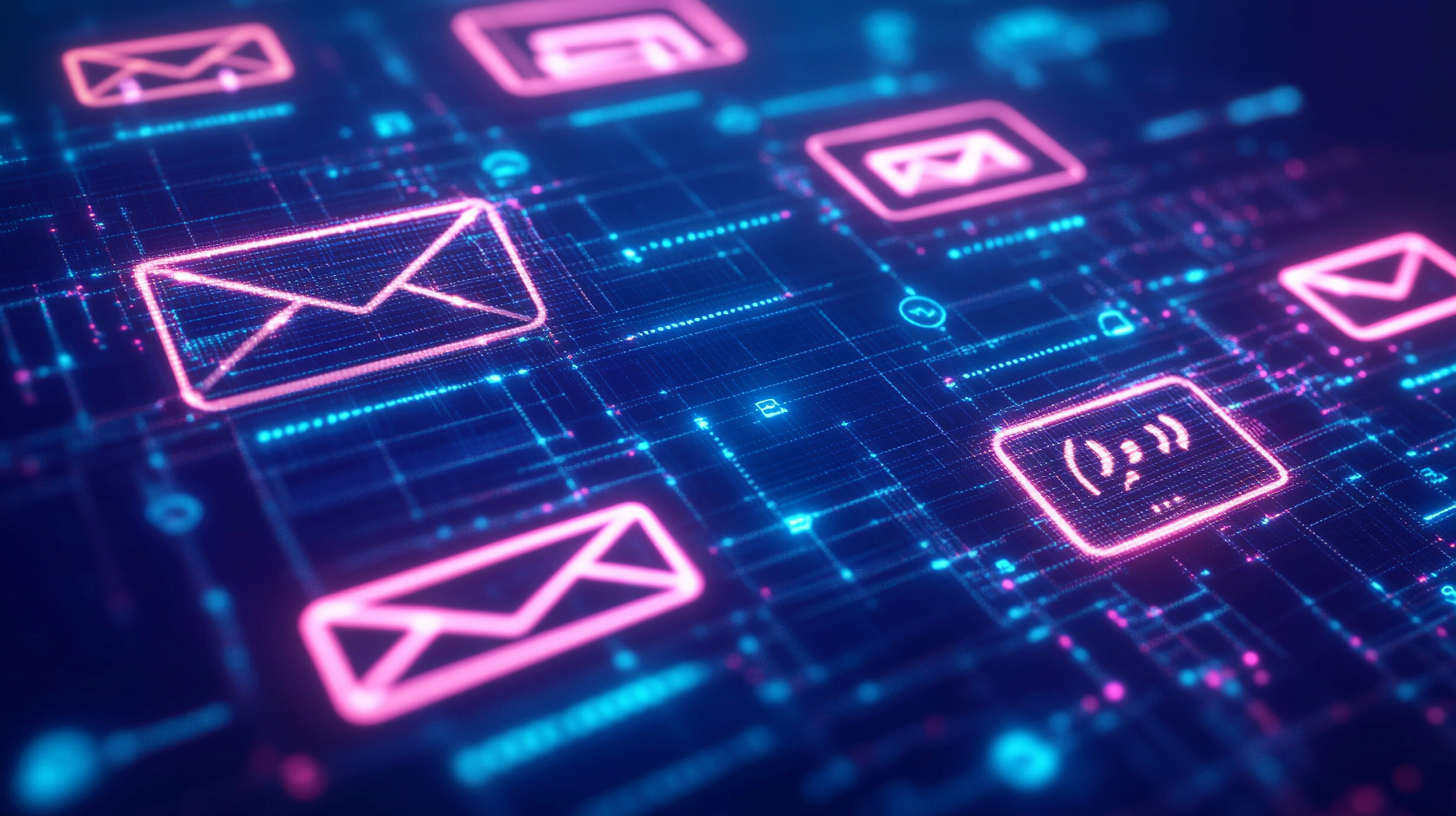 Futuristic digital interface displaying neon pink email icons on a blue grid background, symbolizing AI-powered customer engagement and automated communication systems. Futuristic digital interface displaying neon pink email icons on a blue grid background, symbolizing AI-powered customer engagement and automated communication systems.