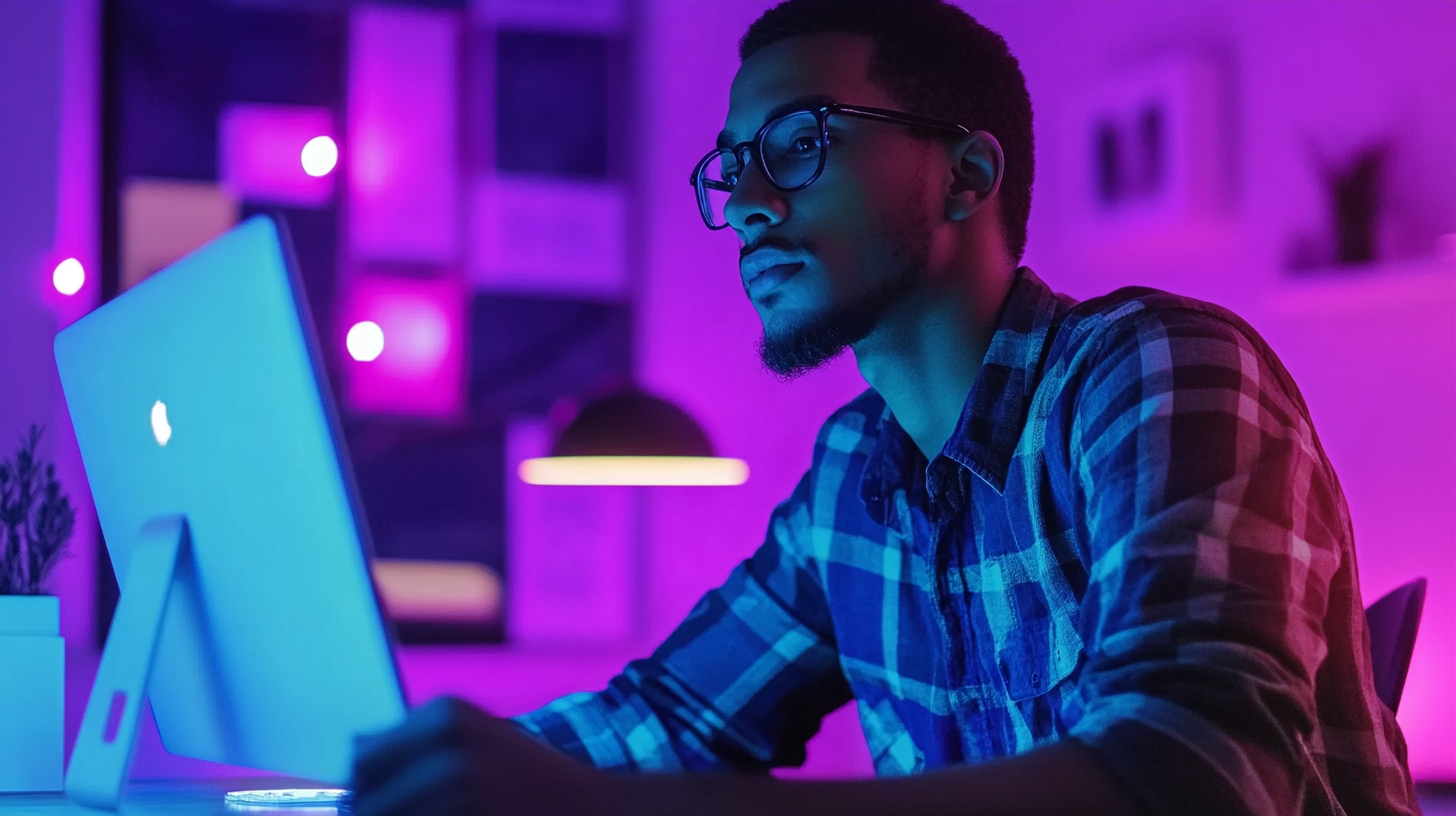Young man in glasses working late on a desktop computer in a neon-lit room, focused on the screen with vibrant purple and blue lighting. Young man in glasses working late on a desktop computer in a neon-lit room, focused on the screen with vibrant purple and blue lighting.