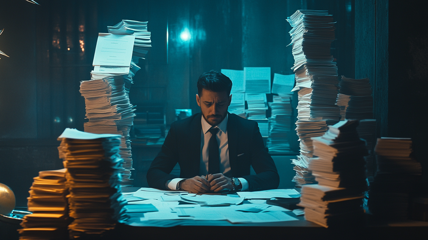 Overwhelmed businessman in a dark suit sitting at a cluttered desk surrounded by towering stacks of paperwork in a dimly lit office, conveying stress and work overload. Overwhelmed businessman in a dark suit sitting at a cluttered desk surrounded by towering stacks of paperwork in a dimly lit office, conveying stress and work overload.