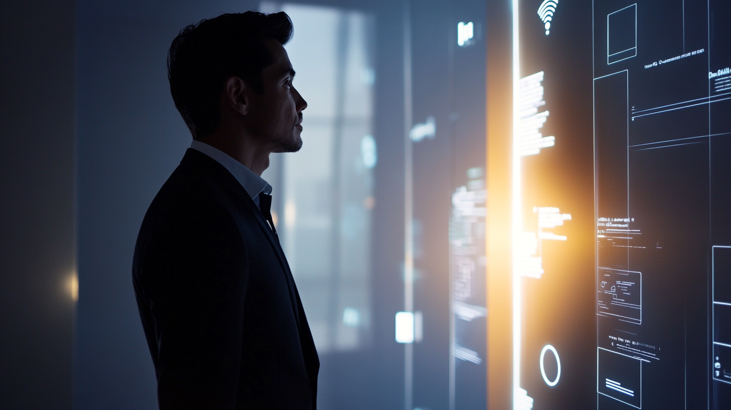 Confident businessman in a dark suit standing in front of a futuristic digital display wall with glowing interface elements, analyzing data in a dimly lit, modern office. Confident businessman in a dark suit standing in front of a futuristic digital display wall with glowing interface elements, analyzing data in a dimly lit, modern office.