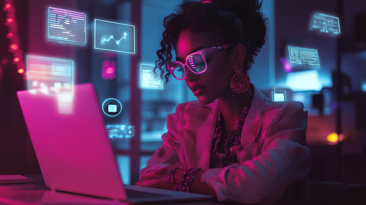 Stylish woman in trendy glasses and earrings working on a laptop, surrounded by glowing digital data and email icons in a neon-lit futuristic workspace. Stylish woman in trendy glasses and earrings working on a laptop, surrounded by glowing digital data and email icons in a neon-lit futuristic workspace.