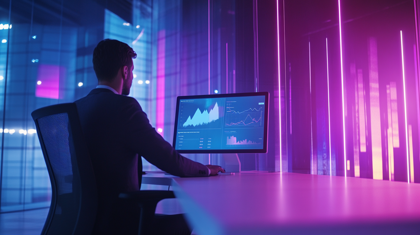 Business professional in a modern, chromatic-lit office analyzing financial graphs on a large screen in a futuristic, minimalist workspace. Business professional in a modern, chromatic-lit office analyzing financial graphs on a large screen in a futuristic, minimalist workspace.