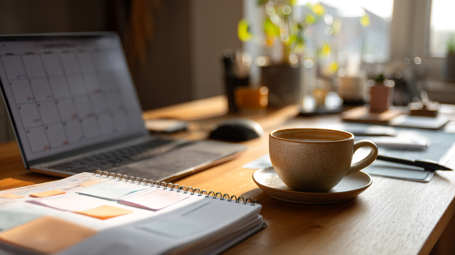 A cozy, sunlit desk setup featuring a ceramic coffee cup, open planner with sticky notes, and a laptop displaying a digital calendar—ideal for content planning and productivity. A cozy, sunlit desk setup featuring a ceramic coffee cup, open planner with sticky notes, and a laptop displaying a digital calendar—ideal for content planning and productivity.