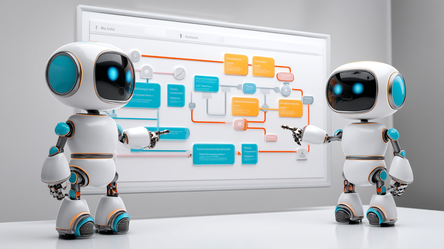 Two futuristic robots with blue-lit eyes are pointing at a colorful digital workflow diagram on a whiteboard, symbolizing AI collaboration and automation in a modern workspace. Two futuristic robots with blue-lit eyes are pointing at a colorful digital workflow diagram on a whiteboard, symbolizing AI collaboration and automation in a modern workspace.