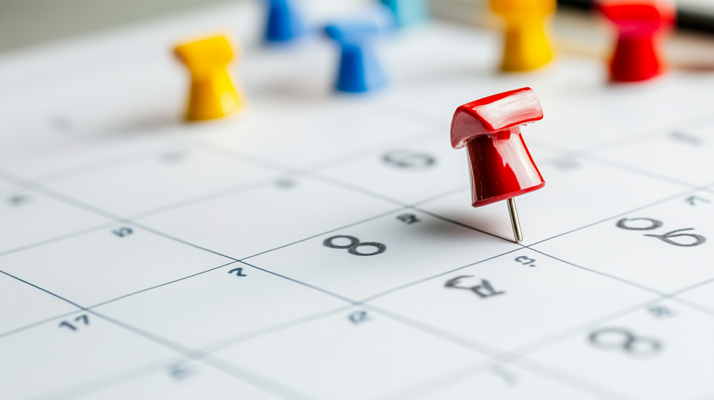 Close-up of a paper calendar with a red pushpin marking the 8th day, surrounded by other colorful pins, symbolizing manual scheduling and appointment reminders. Close-up of a paper calendar with a red pushpin marking the 8th day, surrounded by other colorful pins, symbolizing manual scheduling and appointment reminders.