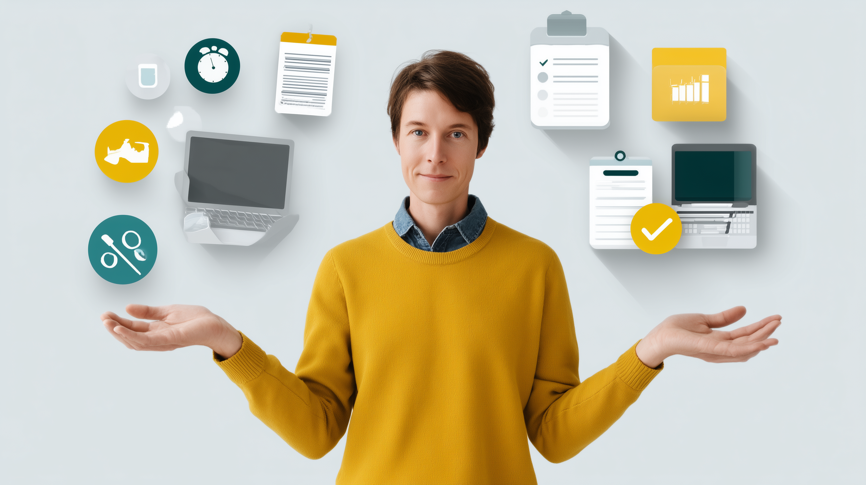 Person in a yellow sweater standing confidently while balancing various digital task icons, including charts, checklists, clocks, and laptops, representing efficient multitasking and modern productivity. Person in a yellow sweater standing confidently while balancing various digital task icons, including charts, checklists, clocks, and laptops, representing efficient multitasking and modern productivity.