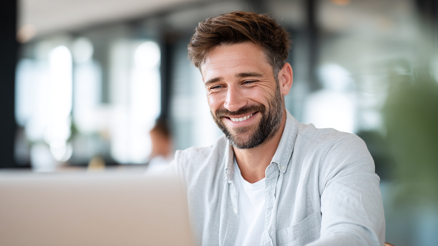Smiling young businessman with a beard, casually dressed, looking at a laptop screen in a bright modern office environment. Smiling young businessman with a beard, casually dressed, looking at a laptop screen in a bright modern office environment.