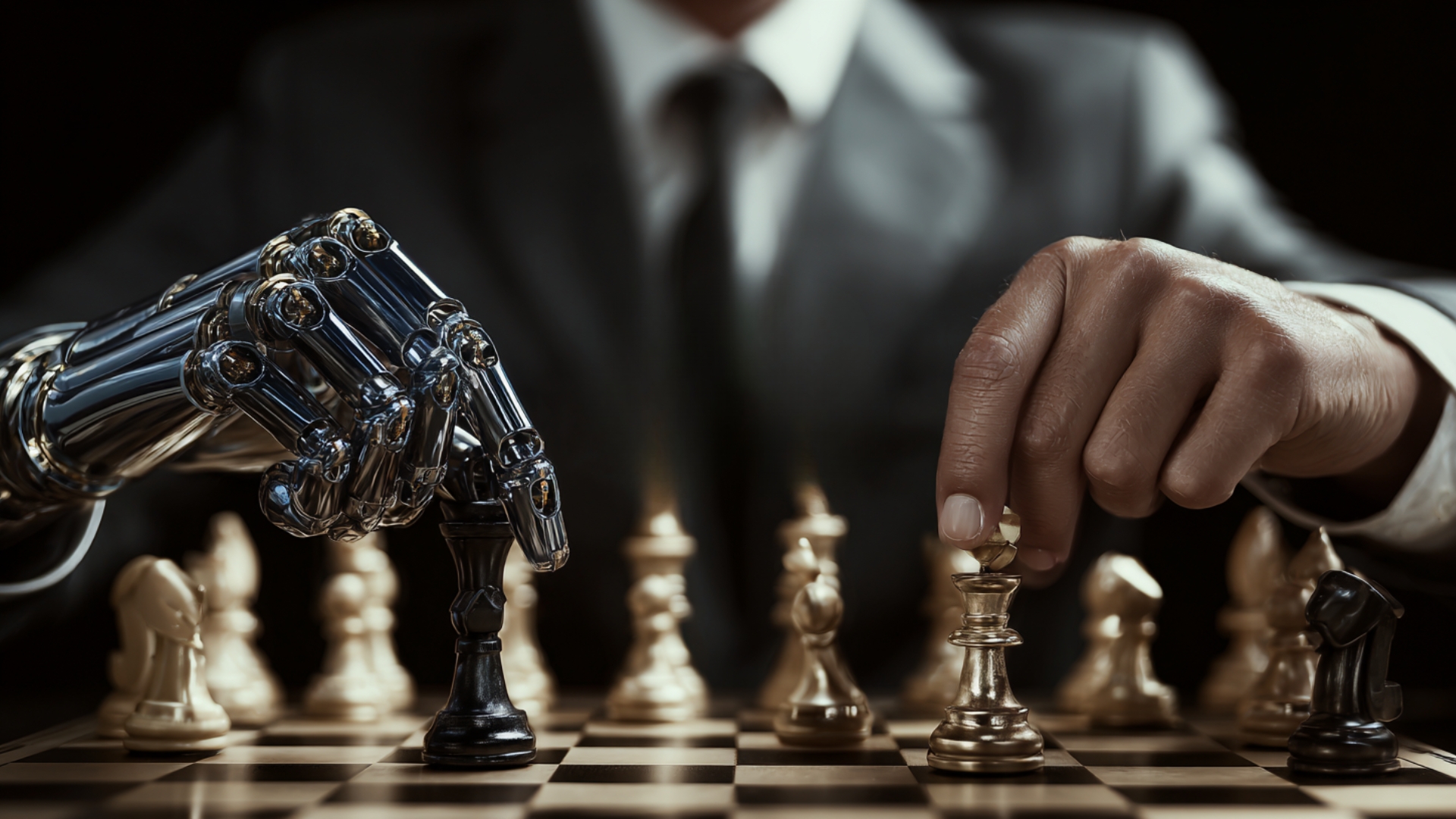 Artificial intelligence chess piece shaped like a human head with embedded circuitry, standing on a chessboard among traditional pieces, symbolizing strategic AI decision-making in business.
