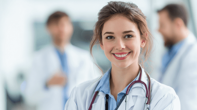 A smiling healthcare professional with a stethoscope in a clinical setting, representing trusted local healthcare staffing and AI-powered lead generation for medical recruitment services.