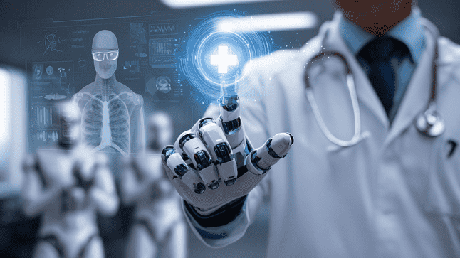 A robotic hand interacting with a digital medical interface displaying a health icon, illustrating how AI business tools support faster healthcare recruitment, automation, and data-driven staffing decisions.