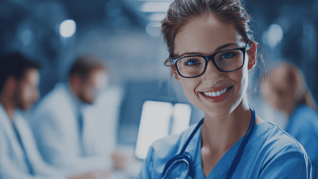 Smiling healthcare professional wearing scrubs and glasses in a modern clinical setting, with staff working in the background—representing reliable 24/7 healthcare recruiting, staffing support, and workforce continuity.