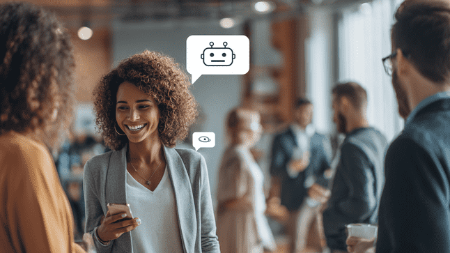 Smiling professional woman checking her smartphone at a networking event, with subtle AI chatbot icons above her, representing omnichannel AI engagement, real-time messaging, and intelligent lead interaction in a social business setting.