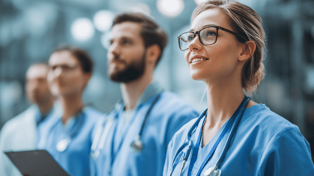 Group of healthcare professionals in blue scrubs standing together in a modern medical facility, looking forward with confidence, representing workforce readiness, healthcare staffing solutions, and the future of healthcare recruitment.