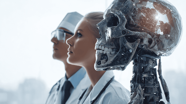Healthcare professionals standing beside a humanoid AI medical model, symbolizing the integration of artificial intelligence in Sacramento healthcare staffing, workforce innovation, clinical efficiency, and the future of AI-assisted medical recruiting.