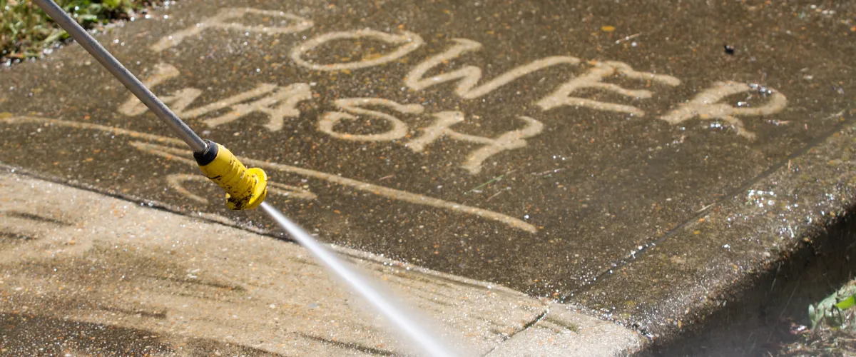 Pressure washing a sidewalk with the words 'Power Wash' revealed on the clean surface Pressure washing a sidewalk with the words 'Power Wash' revealed on the clean surface