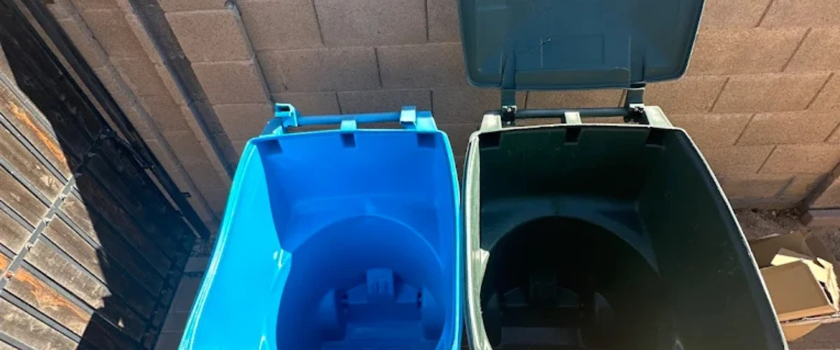 Side-by-side comparison of clean and dirty trash bins after professional cleaning.