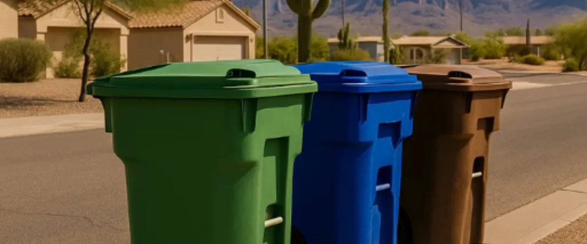 Residential trash and recycling bins lined up in an Arizona neighborhood
