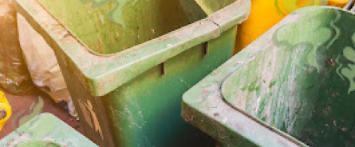 Dirty residential trash bin before professional cleaning service