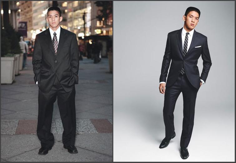 The before and after of a professional mens capsule wardrobe. The suit on the left doesn't fit and is too baggy where the custom tailored suit and dress shirt on the right fits him perfectly.