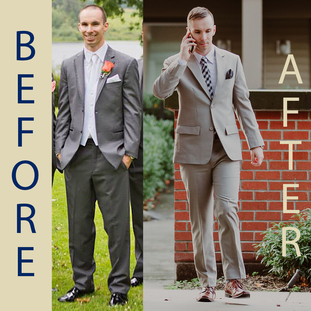 The difference between a rental and a custom suit. On the left is our owner in a rental suit for his wedding compared to his custom Cardero suit The difference between a rental and a custom suit. On the left is our owner in a rental suit for his wedding compared to his custom Cardero suit