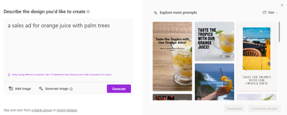 someone has written a prompt in the text box "a sales ad for orange juice with palm trees" and it has generated images on the right.