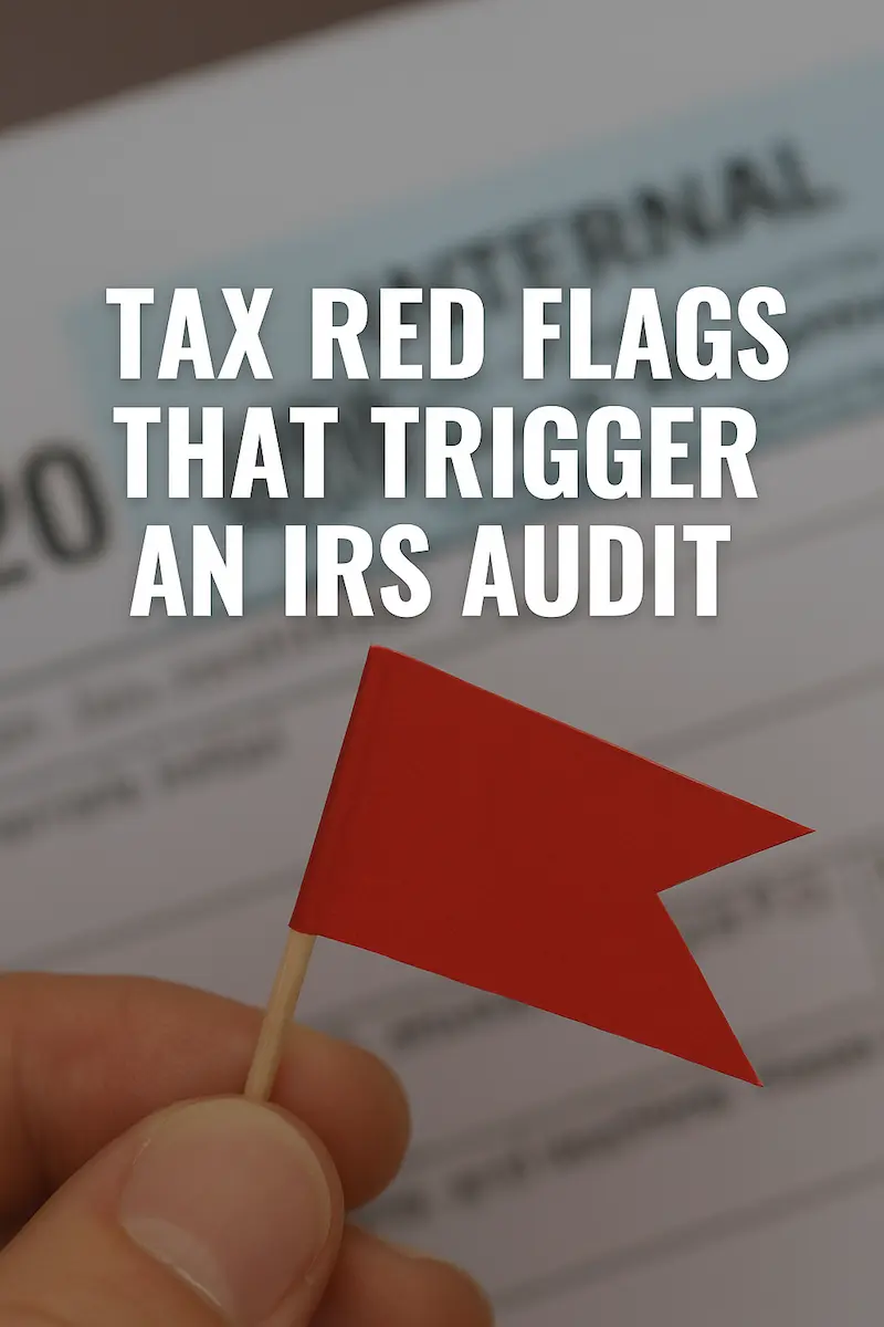 Cover image showing tax documents and calculator with text overlay “Tax Red Flags That Trigger an IRS Audit” Cover image showing tax documents and calculator with text overlay “Tax Red Flags That Trigger an IRS Audit”