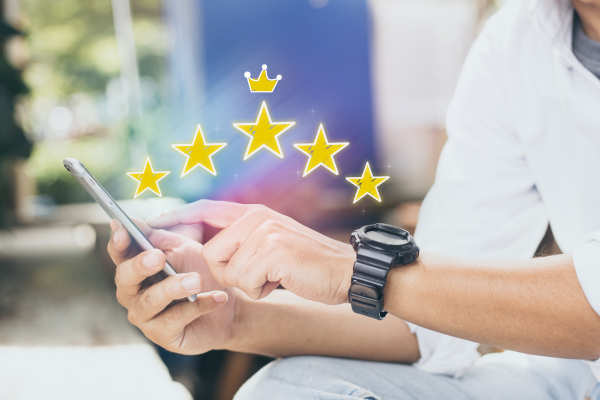 Customer leaving a 5-star Google Review on a smartphone, highlighting Evizion Media Group's local SEO expertise. Customer leaving a 5-star Google Review on a smartphone, highlighting Evizion Media Group's local SEO expertise.
