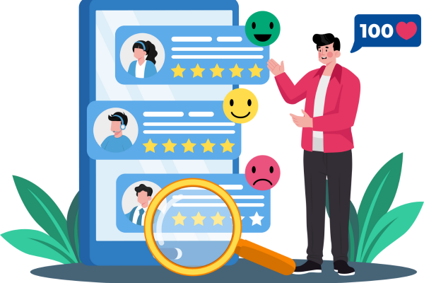 Illustration of a business owner analyzing customer reviews and ratings, showcasing Evizion Media Group's focus on improving local SEO through Google Reviews. Illustration of a business owner analyzing customer reviews and ratings, showcasing Evizion Media Group's focus on improving local SEO through Google Reviews.