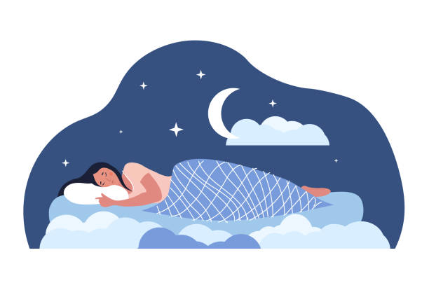 Graphic of a woman sleeping in clouds with night sky behind her