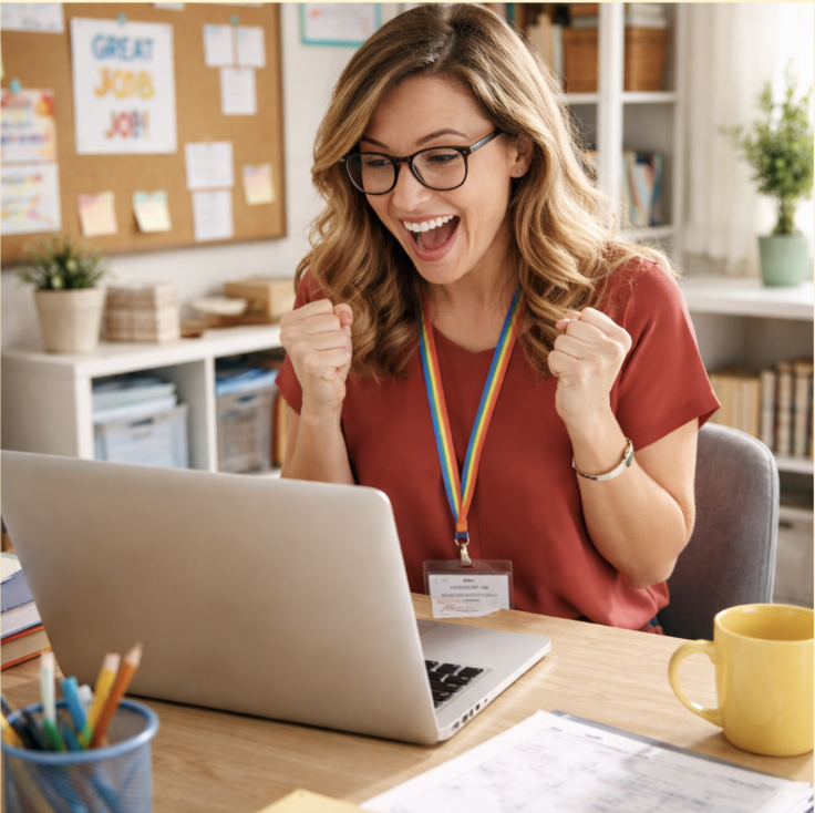Teacher celebrating a job offer in a home office, smiling at laptop