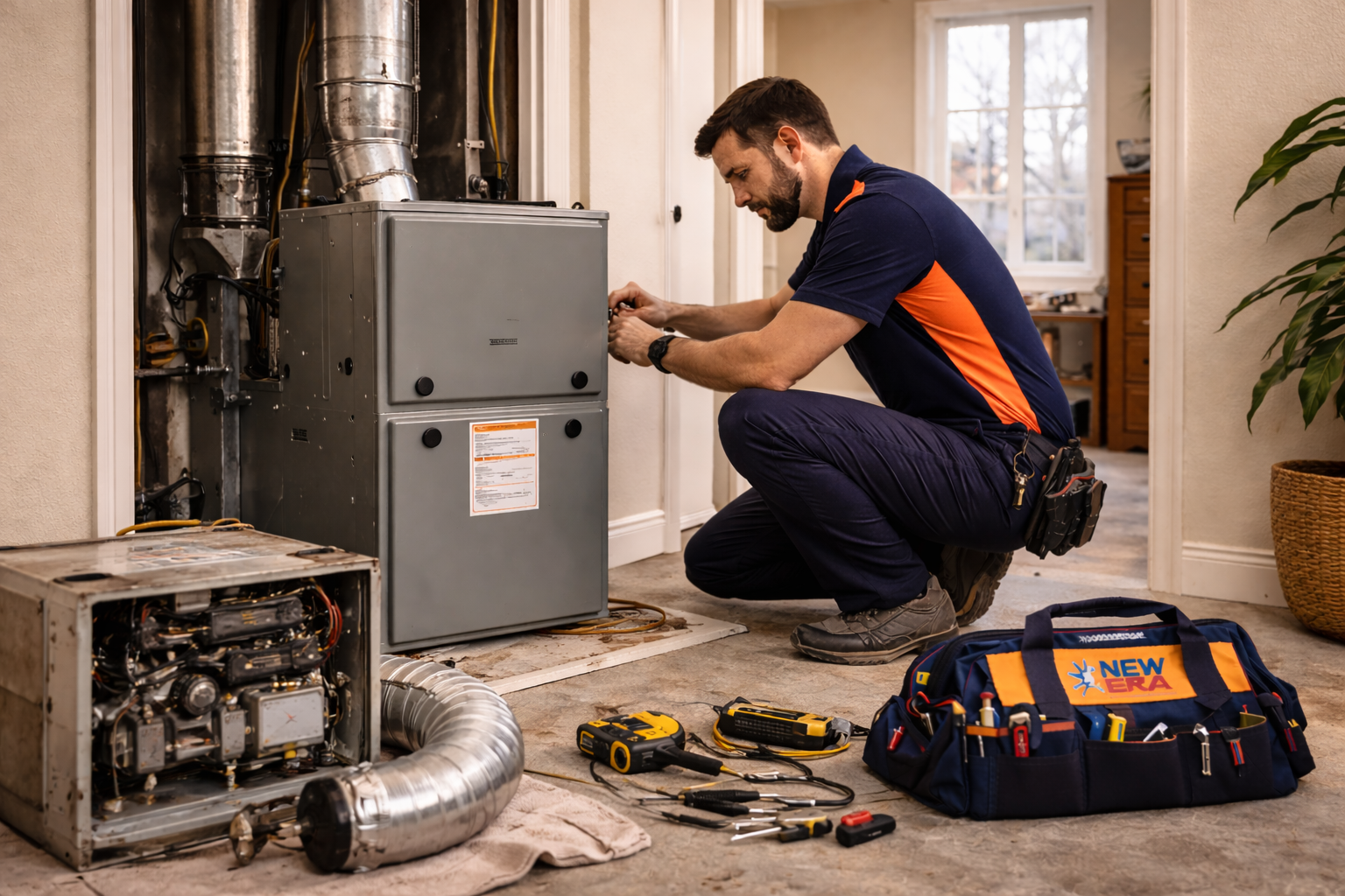 Technician replacing an old heating system in a Bakersfield home