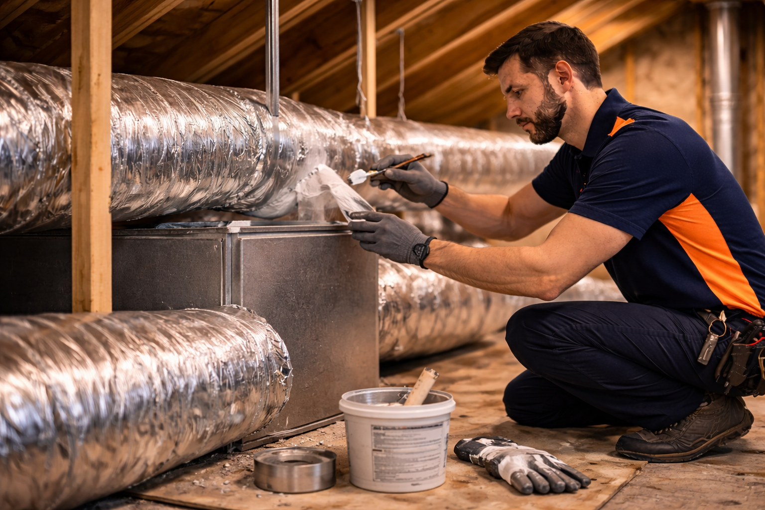 HVAC technician sealing air ducts in a Bakersfield attic