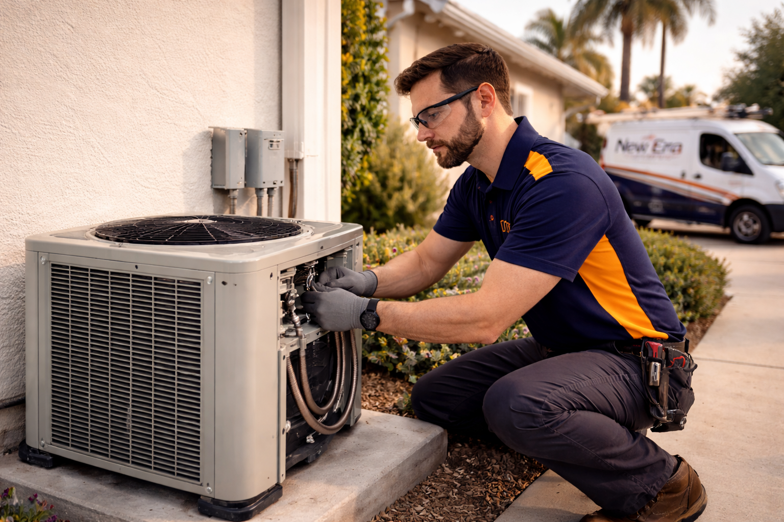 Technician installing an outdoor heat pump unit for a Bakersfield home