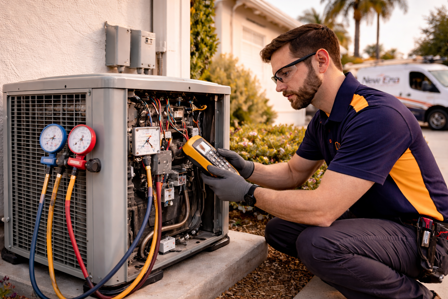 Technician performing heat pump repair on an outdoor unit in Bakersfield