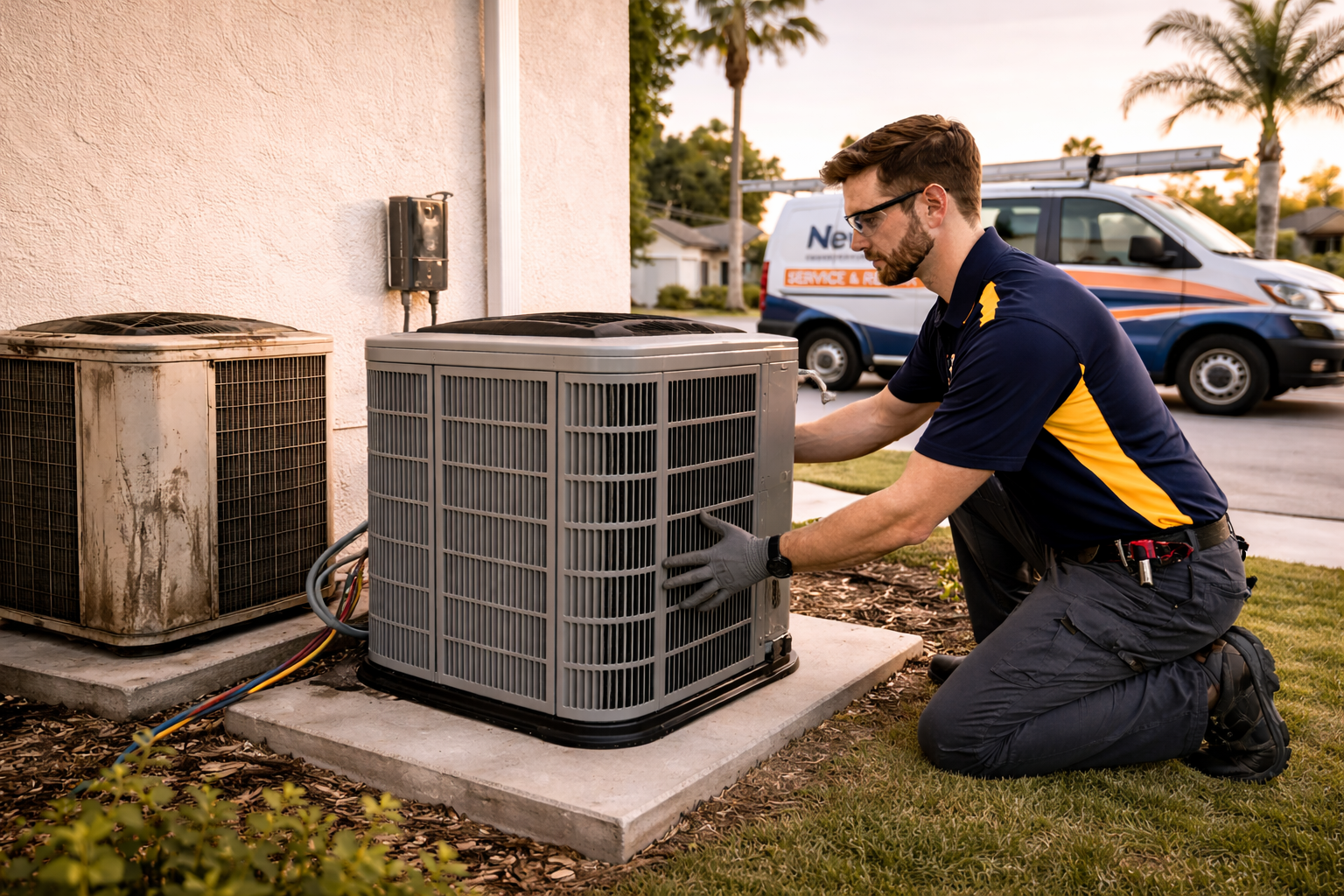 HVAC technicians replacing an old heating and cooling system in a Bakersfield home